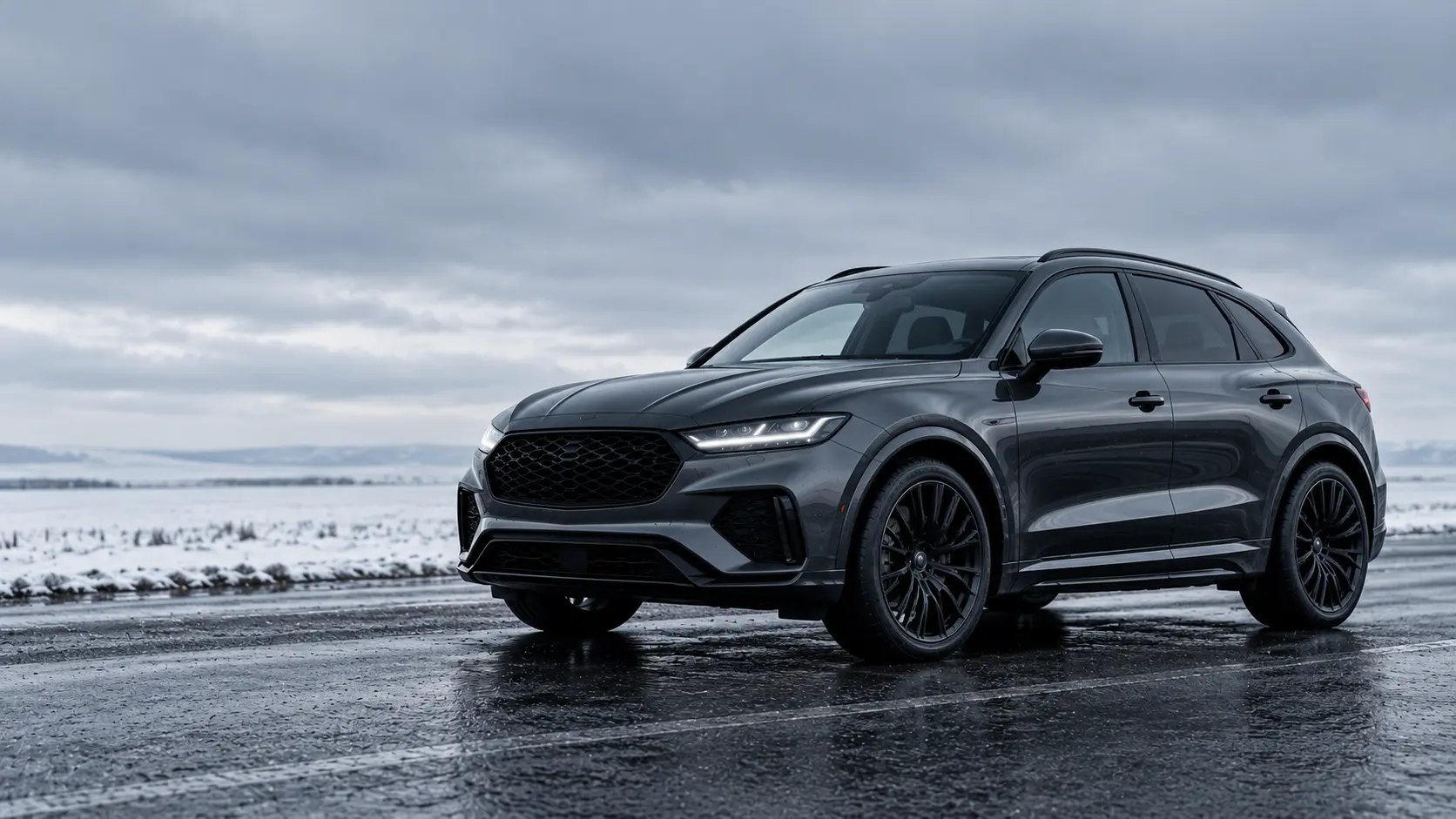A dark grey crossover parked on a wet road across a snowy plain under an overcast sky.