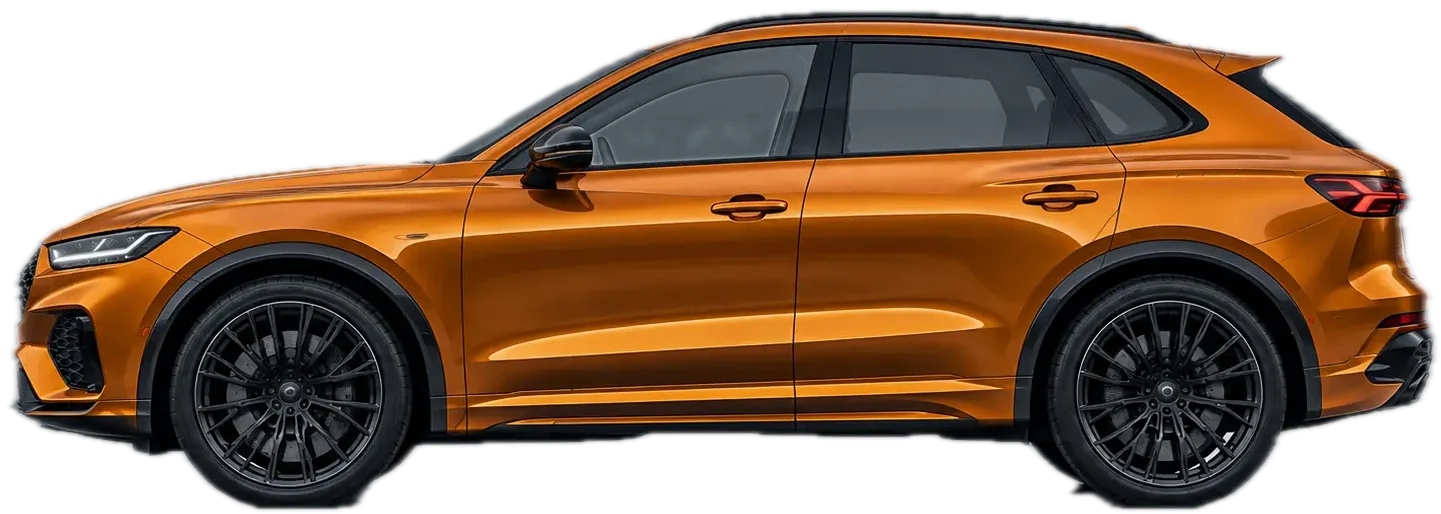 An amber crossover in side view with a clear gloss finish, rendered illustration.