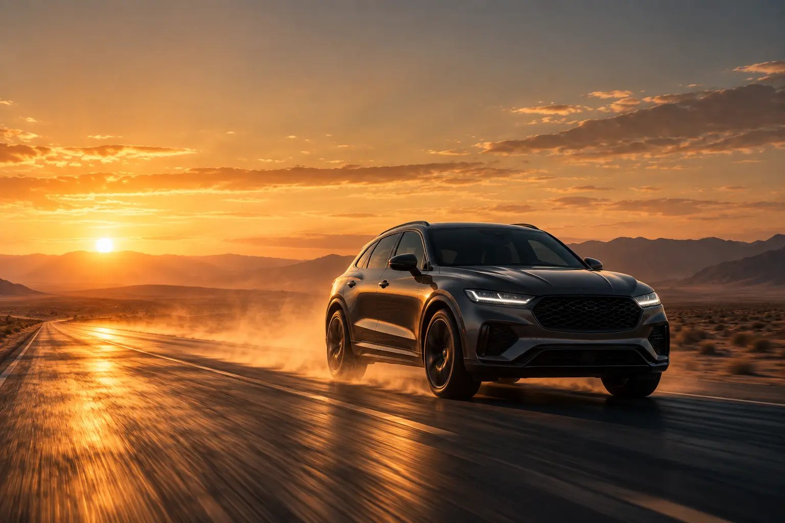 A car on a desert road at sunset.