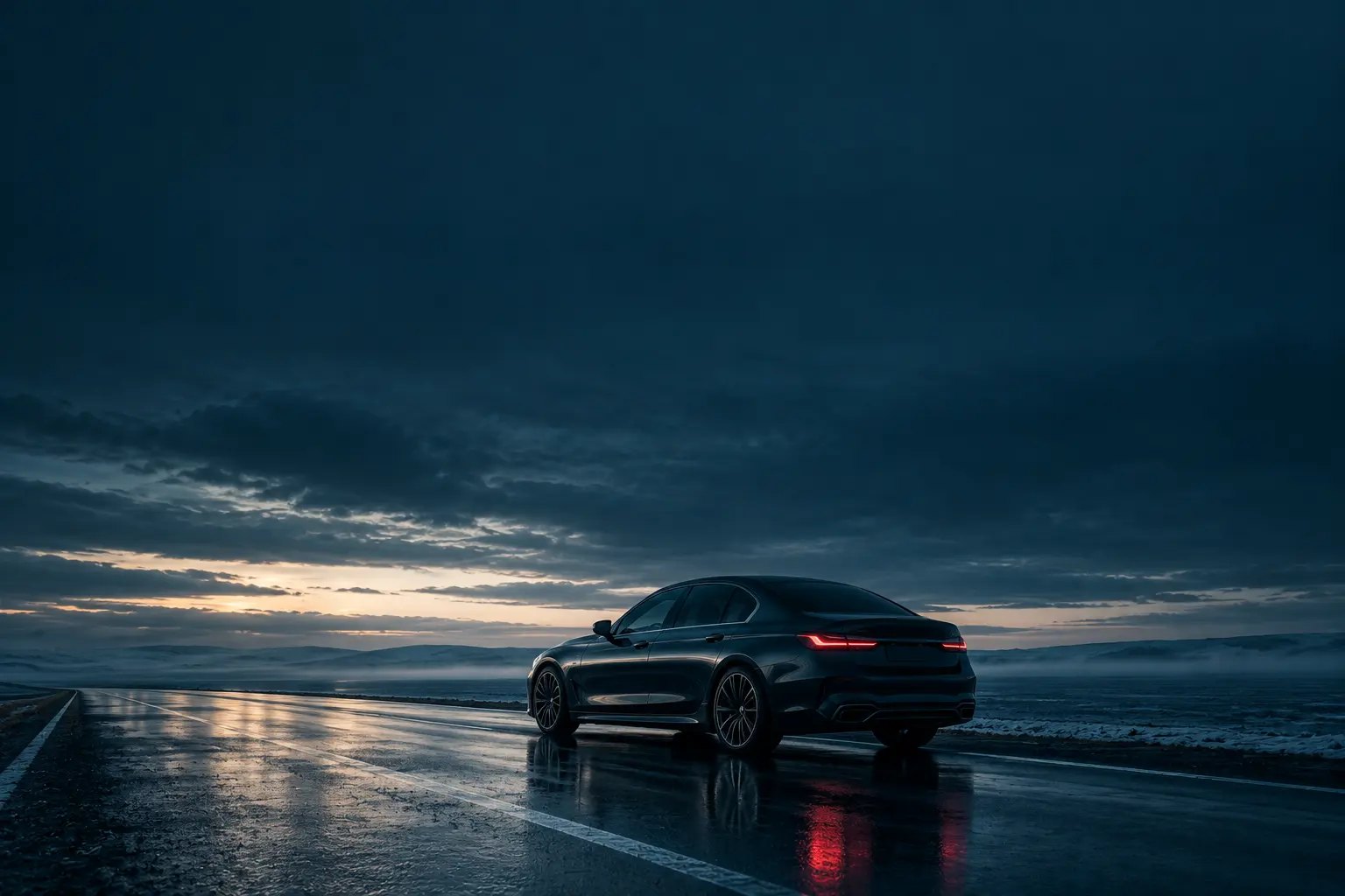 A dark sedan on an empty wet road at dusk, open land to the horizon.